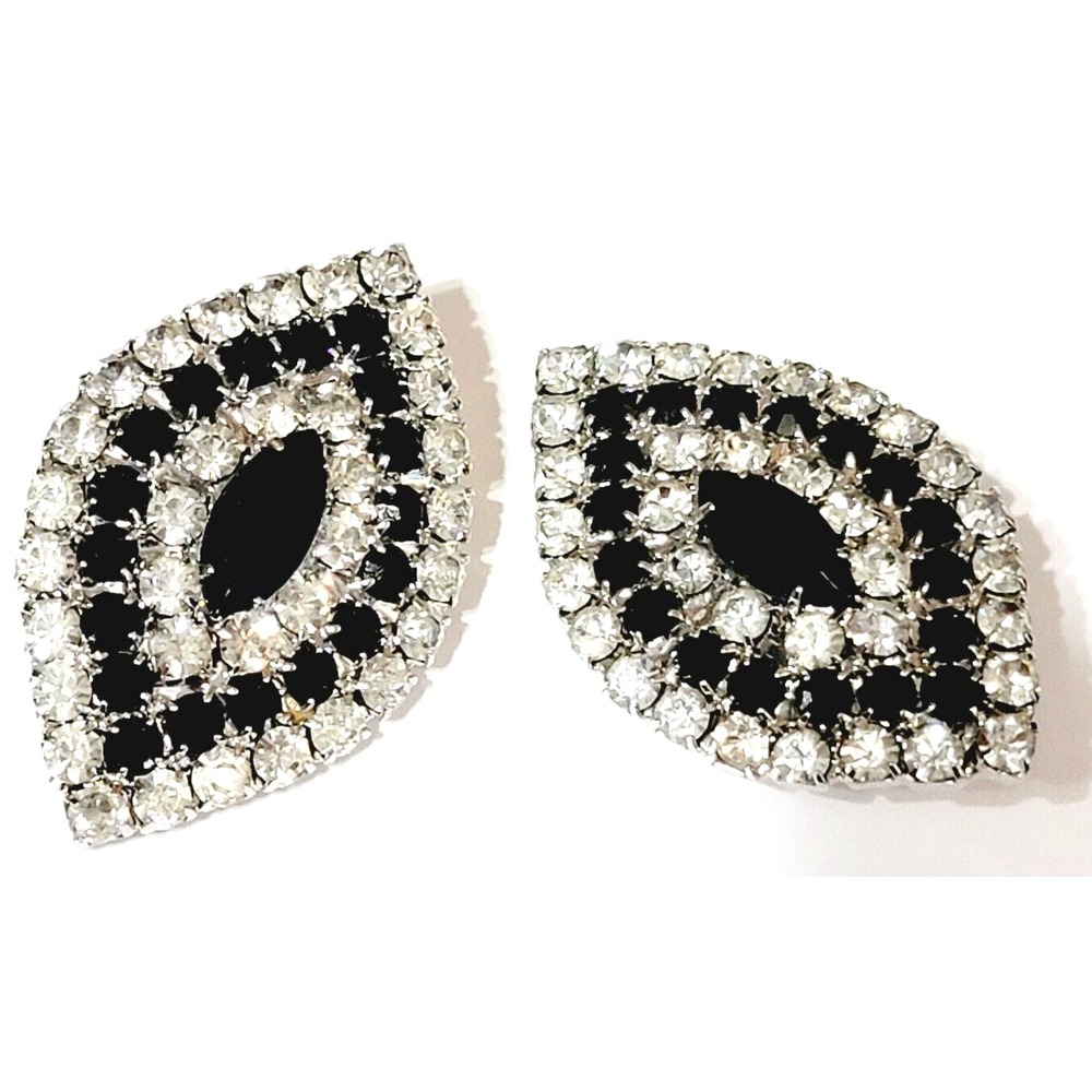 Vintage Rhinestone Clip-on Earrings, Black White Mid-Century Statement Jewelry